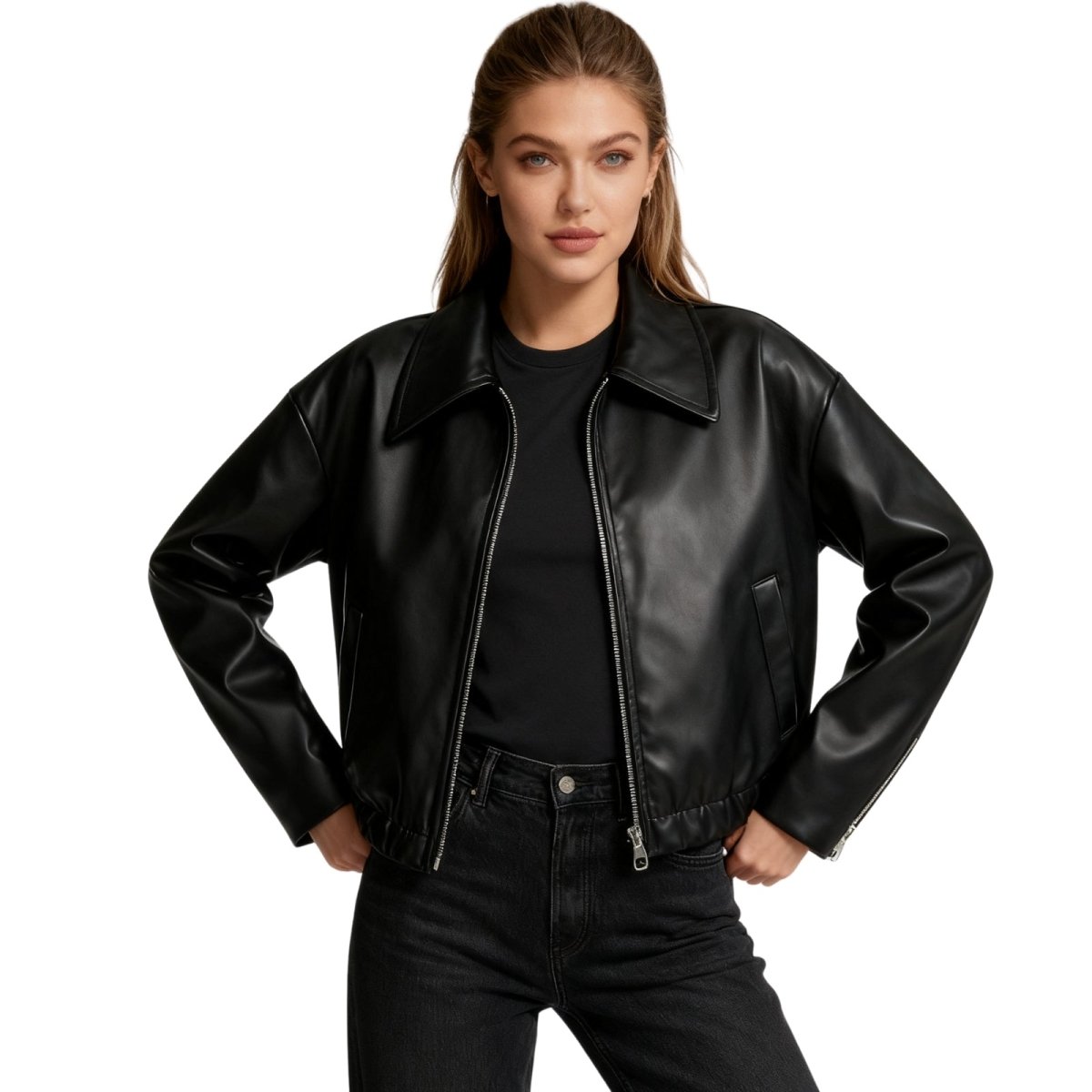 Woman wearing a black Kouvr eather jacket on a white background