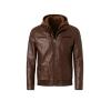 Flatlay product shot of the Kouvr Samson Dark Brown hooded faux leather jacket on a white background, zipped up