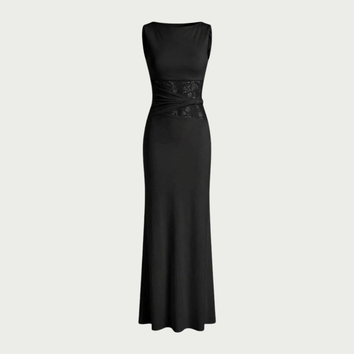Flat lay of the Kouvr black midi dress, with a detailed view of the front construction, boat neckline, and the sheer mesh panel in the sculpted waist.