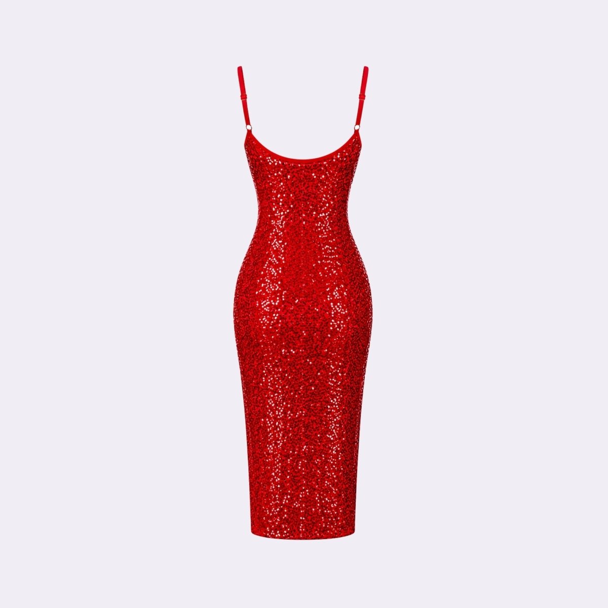 Flat lay back view of luxury sequin evening gown showing hidden zipper detail