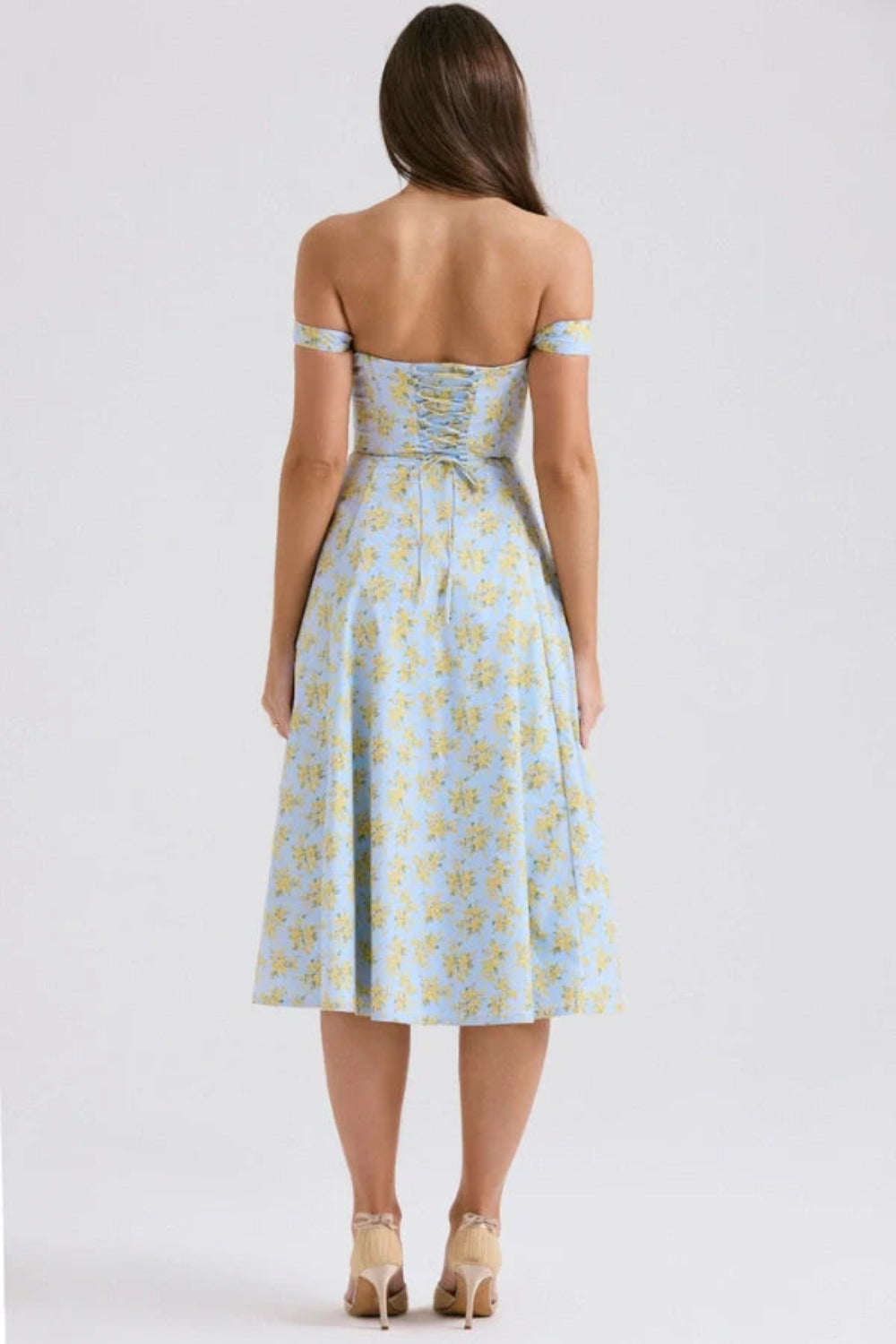 Bustier Dress, A-Line Floral Dress, Cottagecore Dress, Romantic Garden Party Attire, Structured Bodice Dress, Dress with Front Slit, Lace-up back dress.
