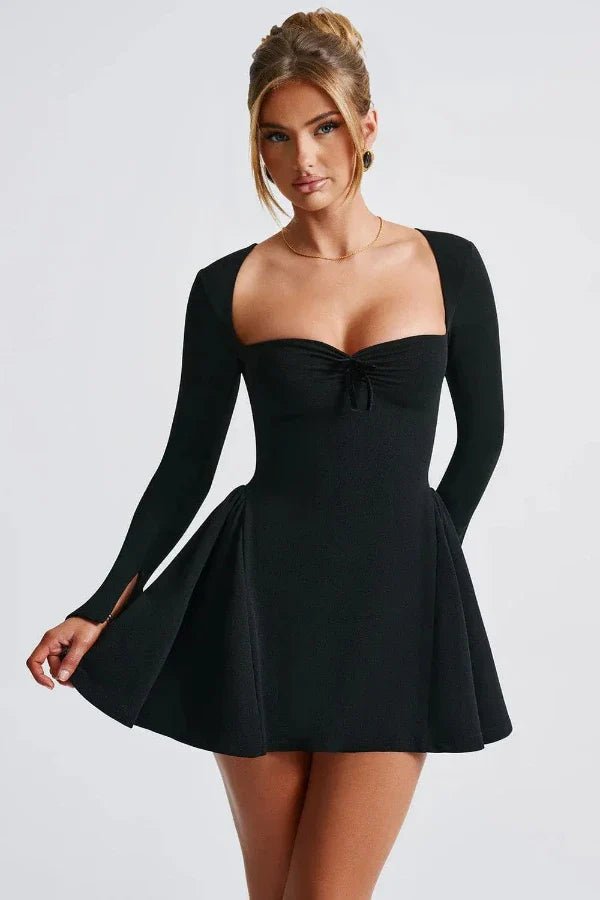 sculpted silhouette," "structured bodice," "evening wear," "LBD," and "elegant party attire