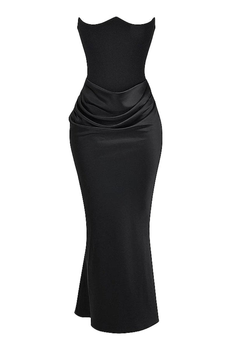 Product-only image of the Sloane black corset dress highlighting the ruched satin waist and structured bodice.