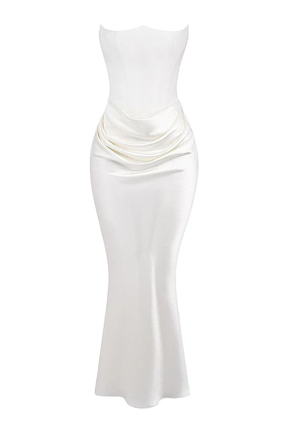 sculptural silhouette, boned bodice, asymmetrical draping, column skirt, heavyweight satin, minimalist evening wear