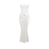 sculptural silhouette, boned bodice, asymmetrical draping, column skirt, heavyweight satin, minimalist evening wear