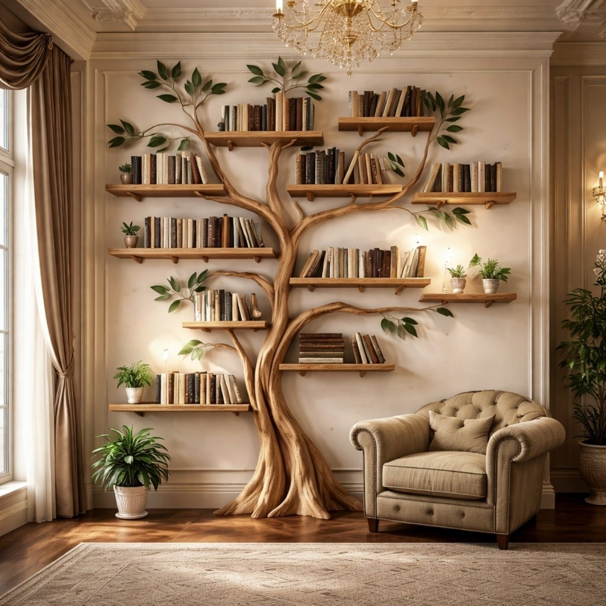 A large, artistic tree-shaped bookshelf standing as a focal point in an elegant living room with a tufted armchair and chandelier.