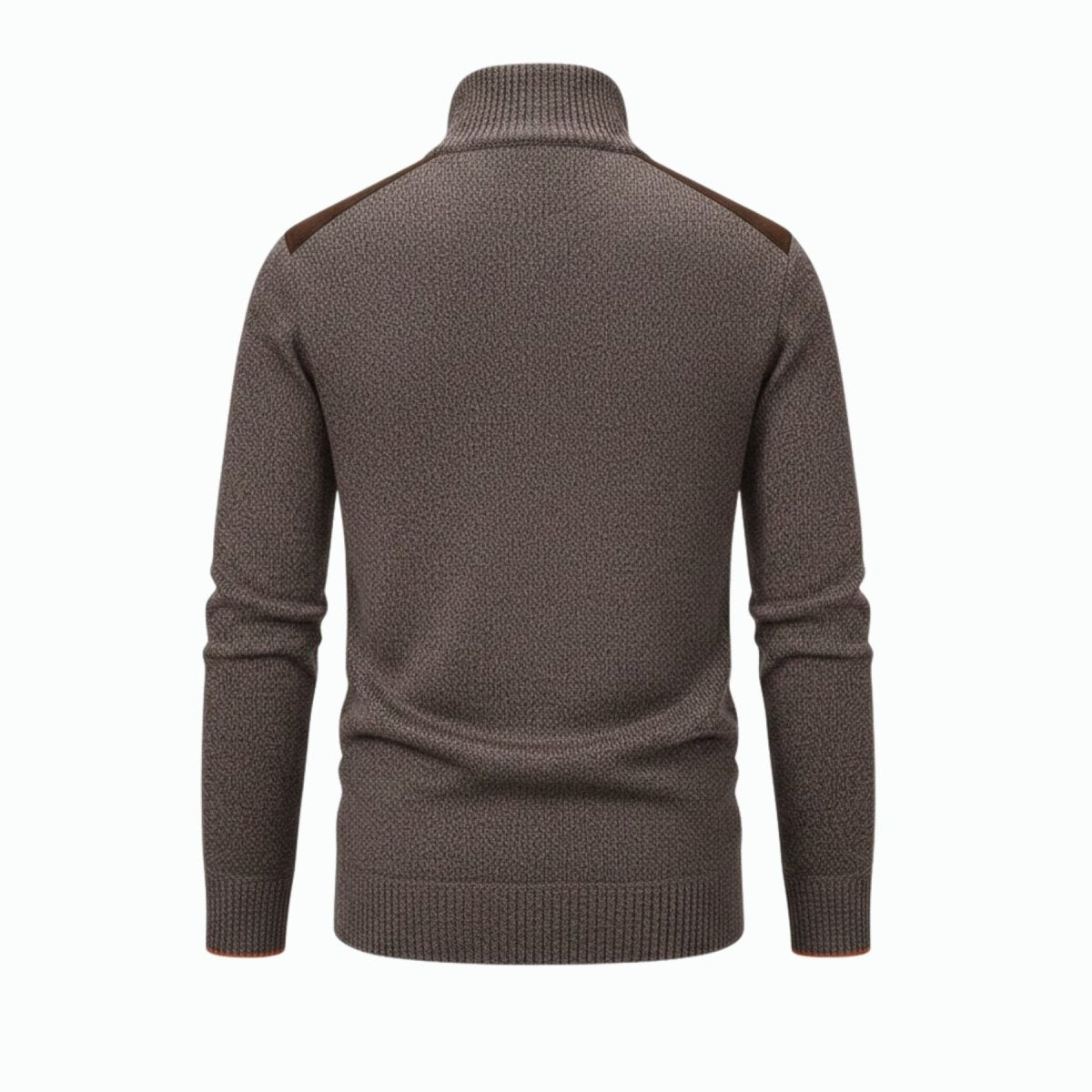 Back flatlay view of the Soren quarter-zip sweater in heather brown, highlighting the detailed textured knit and rich brown suede shoulder patches.