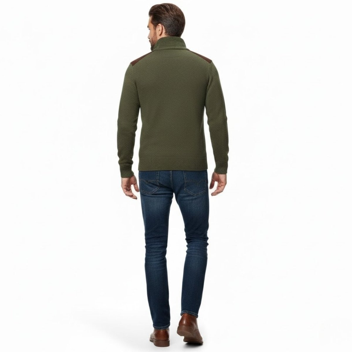 Back view of the Kouvr Soren olive green sweater, highlighting the honeycomb knit texture and suede shoulder patch details.