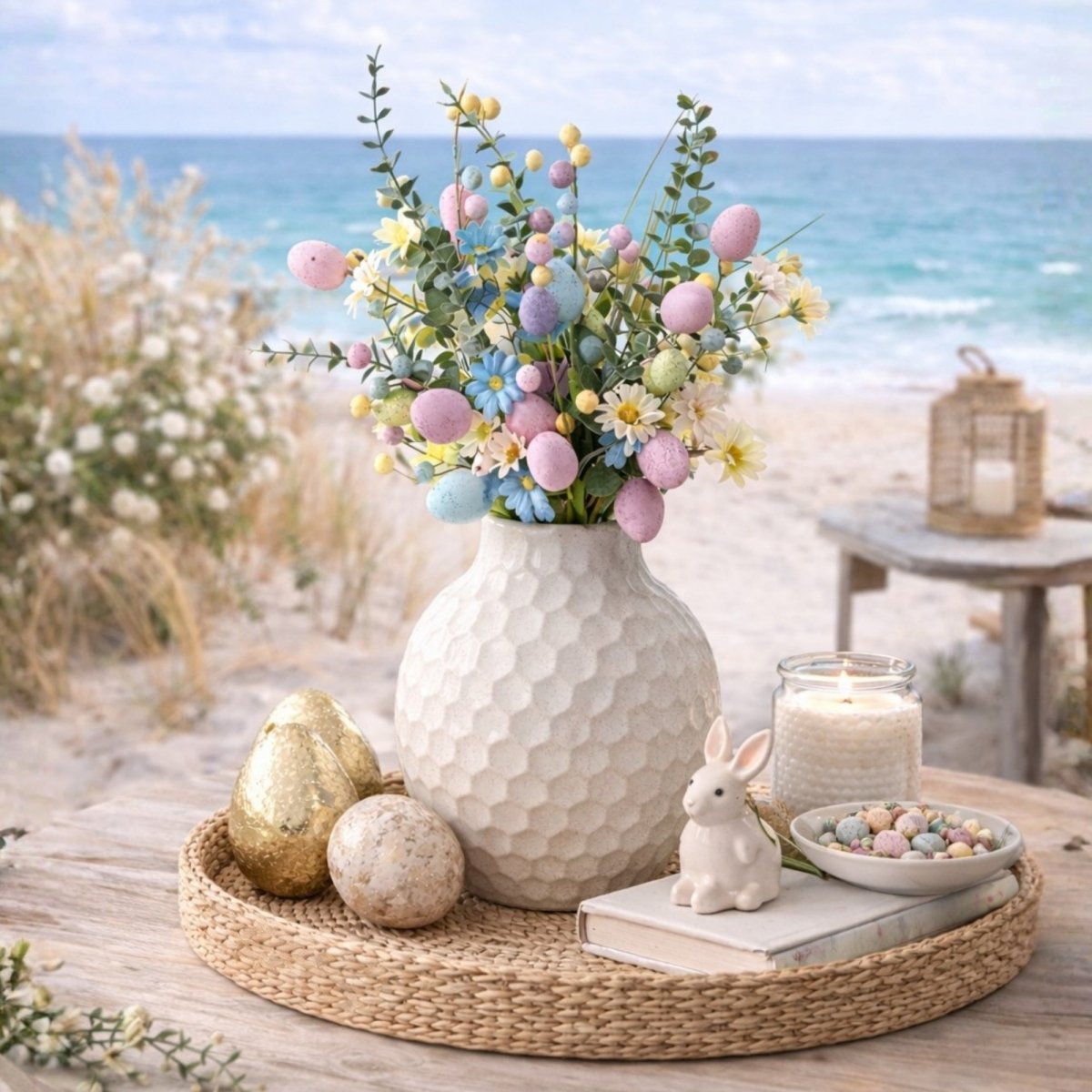 A textured white vase with a pastel Easter egg bouquet used as a centerpiece on a woven tray, styled on a wooden table at the beach.
