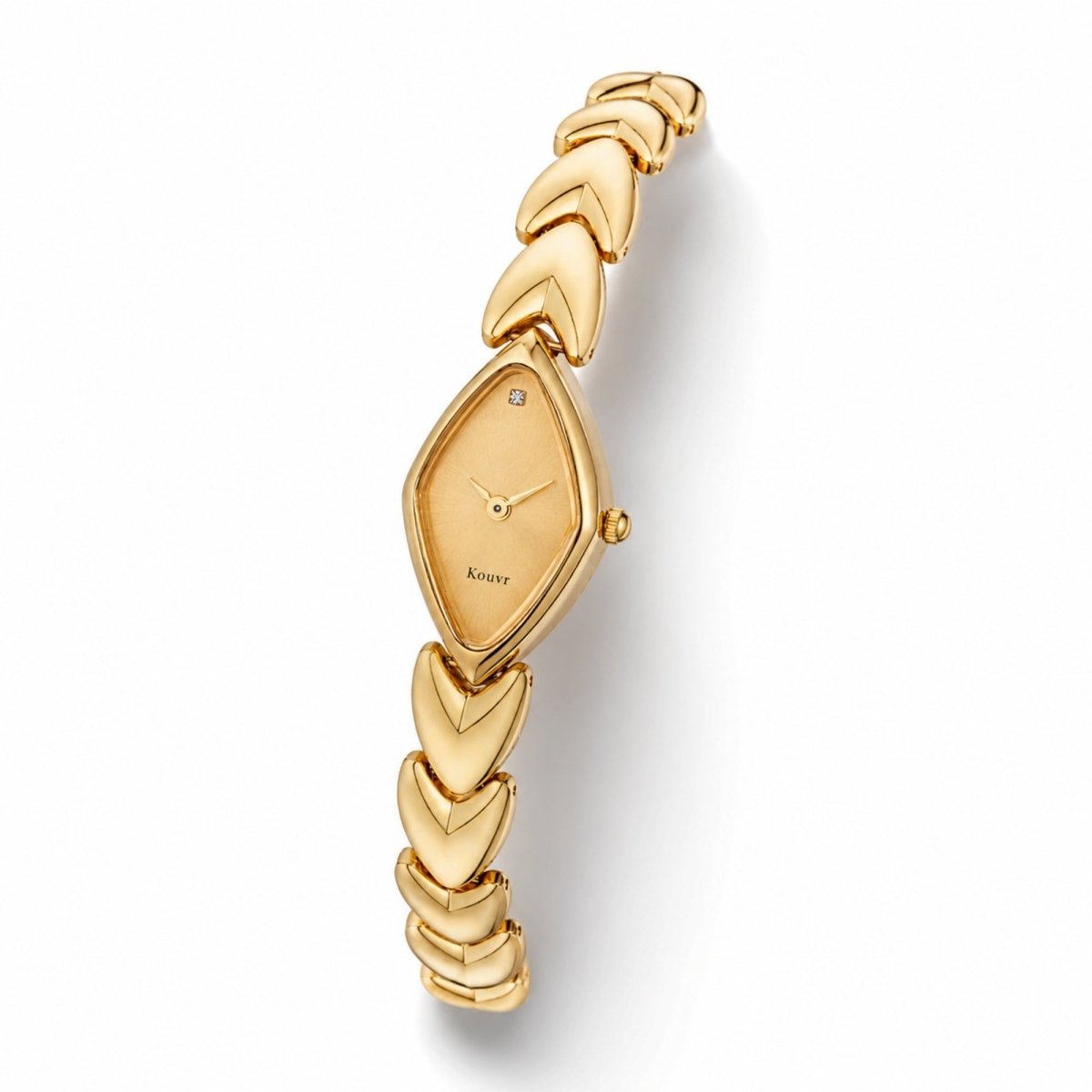 Angled profile of the Kouvr stainless steel gold tone watch highlighting the polished finish and scratch resistant crystal glass 