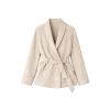 Flatlay of the Kouvr Suede Belted Wrap Jacket in beige, front view showing the soft texture and full design. 