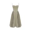 Flat lay of the front of the Kouvr corset bustier midi dress in taupe, showing the detailed construction of the bodice and pleats.