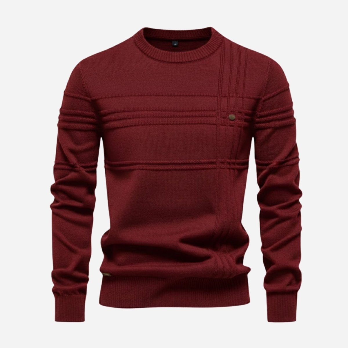 Product-only flat lay image of the front of the Kouvr red textured crewneck sweater, showing detailed knit patterns.
 