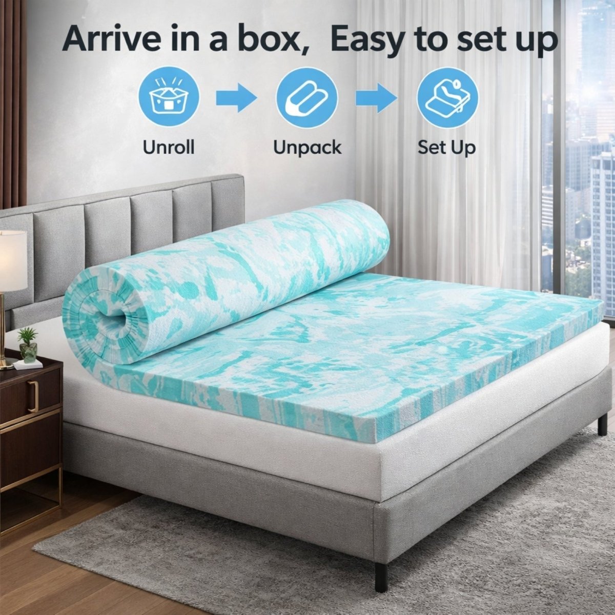 Step-by-step unboxing guide for the Kouvr mattress topper: unroll from box, unpack plastic, and set up on bed frame. 