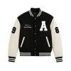 Model wearing the Kouvr Fashion Trainbury men's black and off-white wool letterman jacket