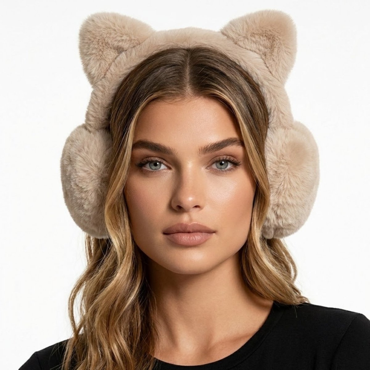 Model wearing beige Kouvr Tyra Plush Cat Ear Earmuffs, viewed from the front, showcasing the soft faux fur texture.
