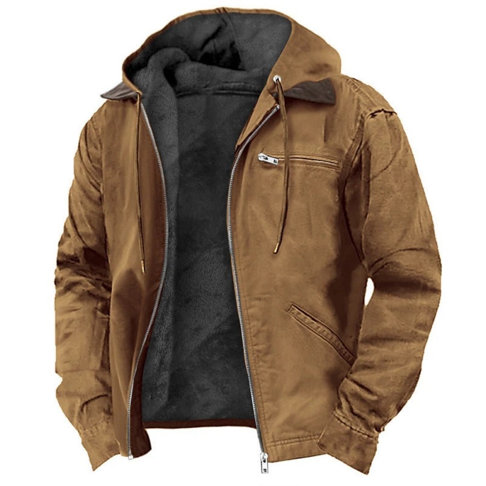 Close-up product view of the Kouvr Tyrian jacket in brown, showing the open zipper and plush black sherpa fleece lining.