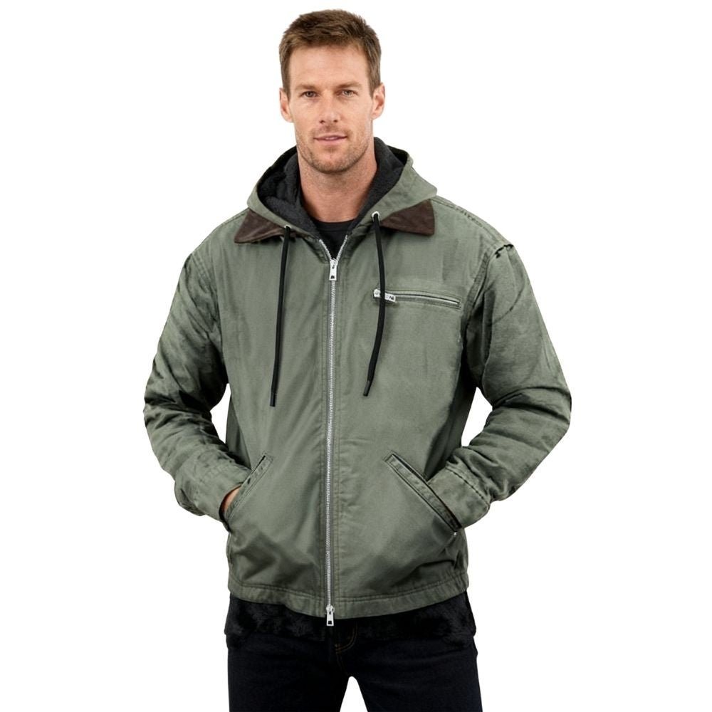Man wearing the Kouvr tyrian sherpa-lined olive green canvas hooded jacket, facing front with hands in pockets.