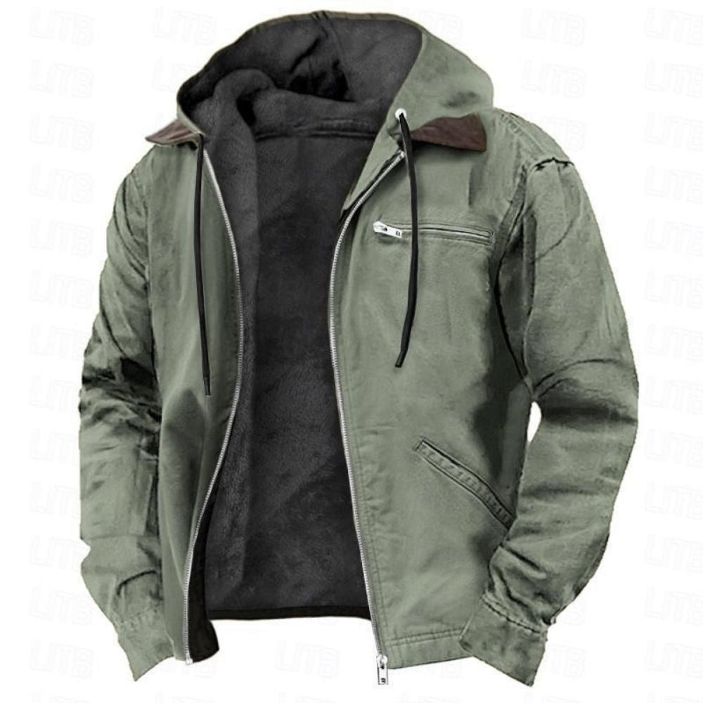 Close-up product view of the Kouvr Tyrian jacket in olive green, showing the open zipper and plush black sherpa fleece lining.