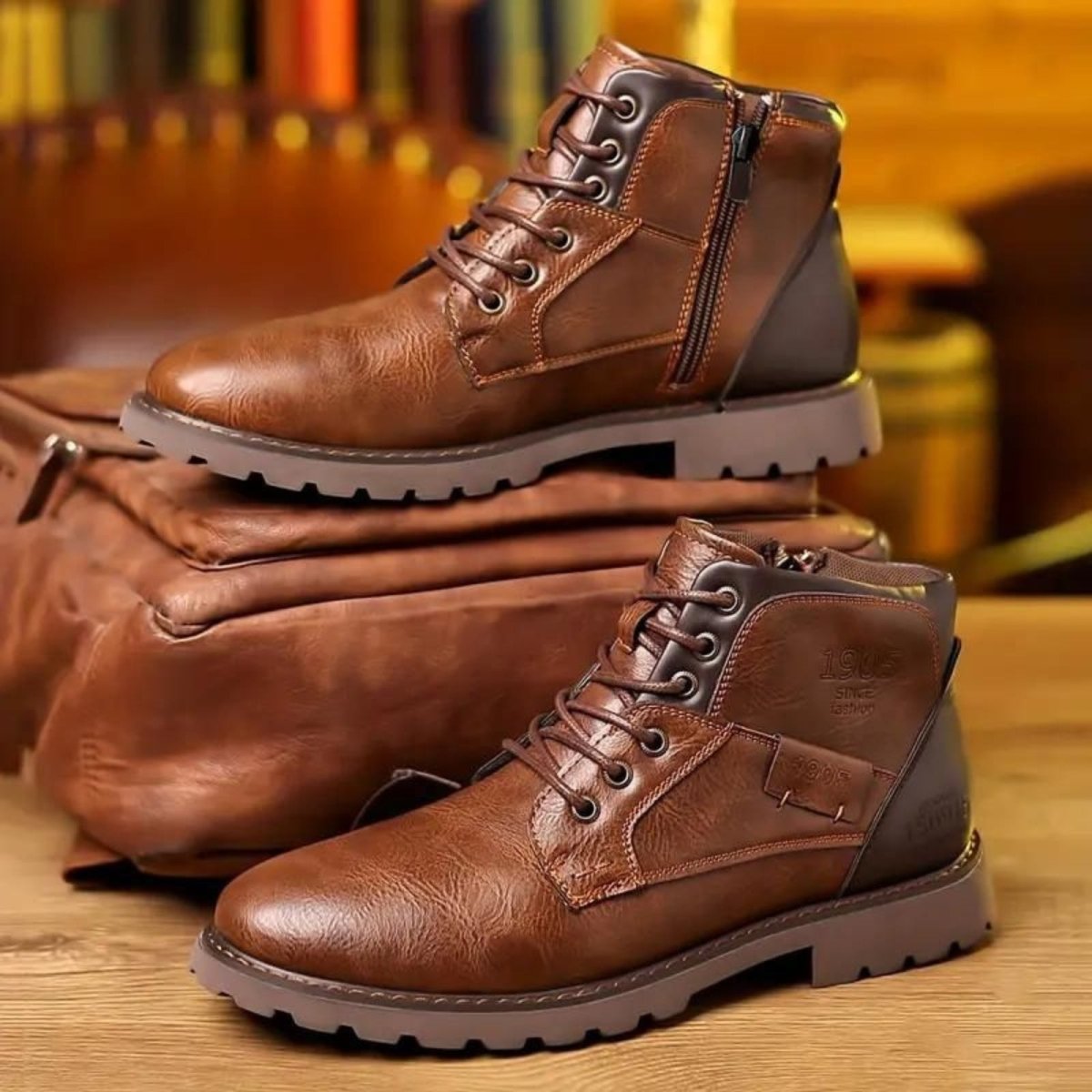Pair of brown leather boots on a wooden surface with a blurred background