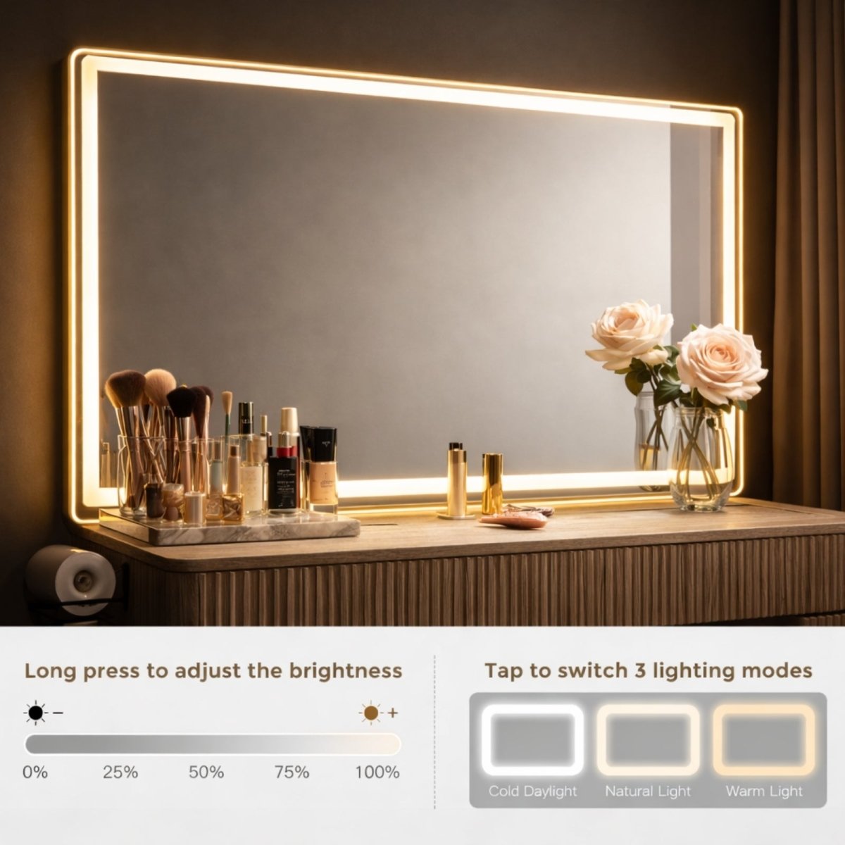 The Kouvr makeup vanity desk with all eight fluted drawers open, displaying extensive organized storage compartments for cosmetics and jewelry.