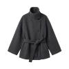 Flat lay of the dark gray Kouvr verna funnel neck coat, showing the asymmetrical button closure and tie belt.
