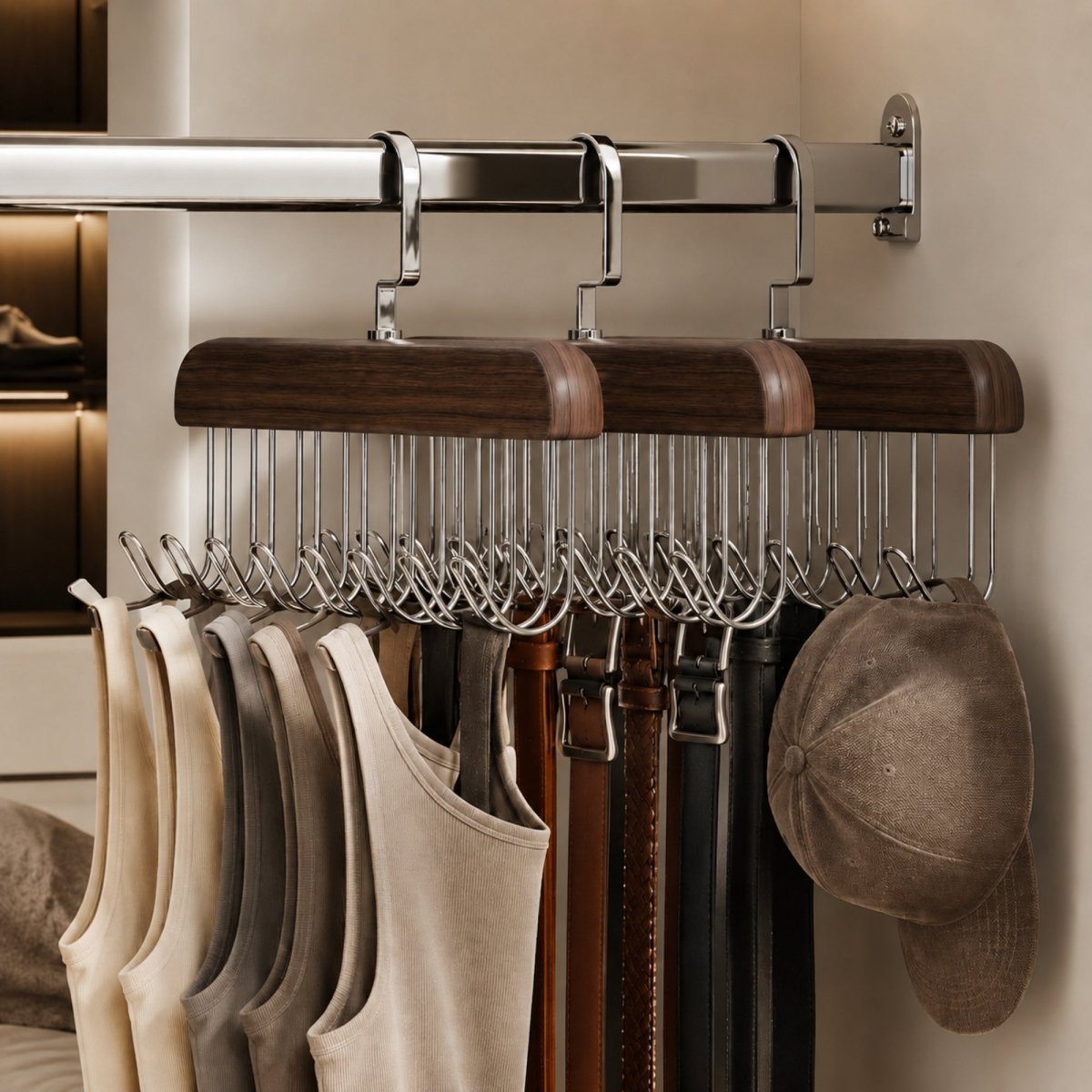 Kouvr premium walnut wood closet organizer hanger with dark brown finish and chrome multi-hooks holding tank tops, leather belts, and a hat.