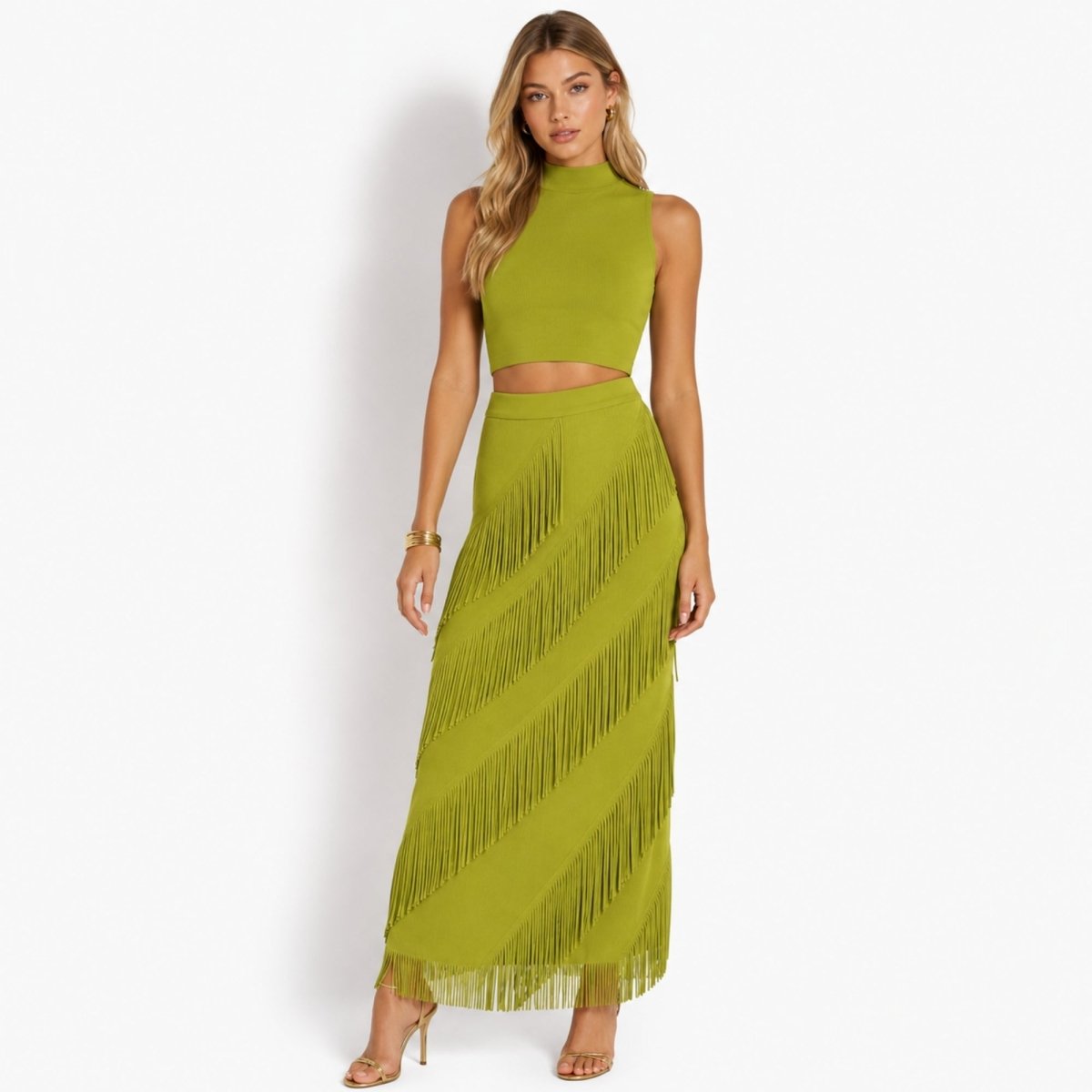 Model wearing rich brown diagonal fringe maxi skirt demonstrating the fluid movement and elegant drape of the premium fabric