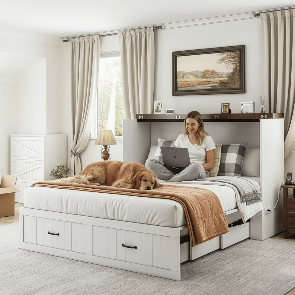 White queen size folding cabinet bed fully opened with warm bedding in a modern sunlit bedroom setting by Kouvr
