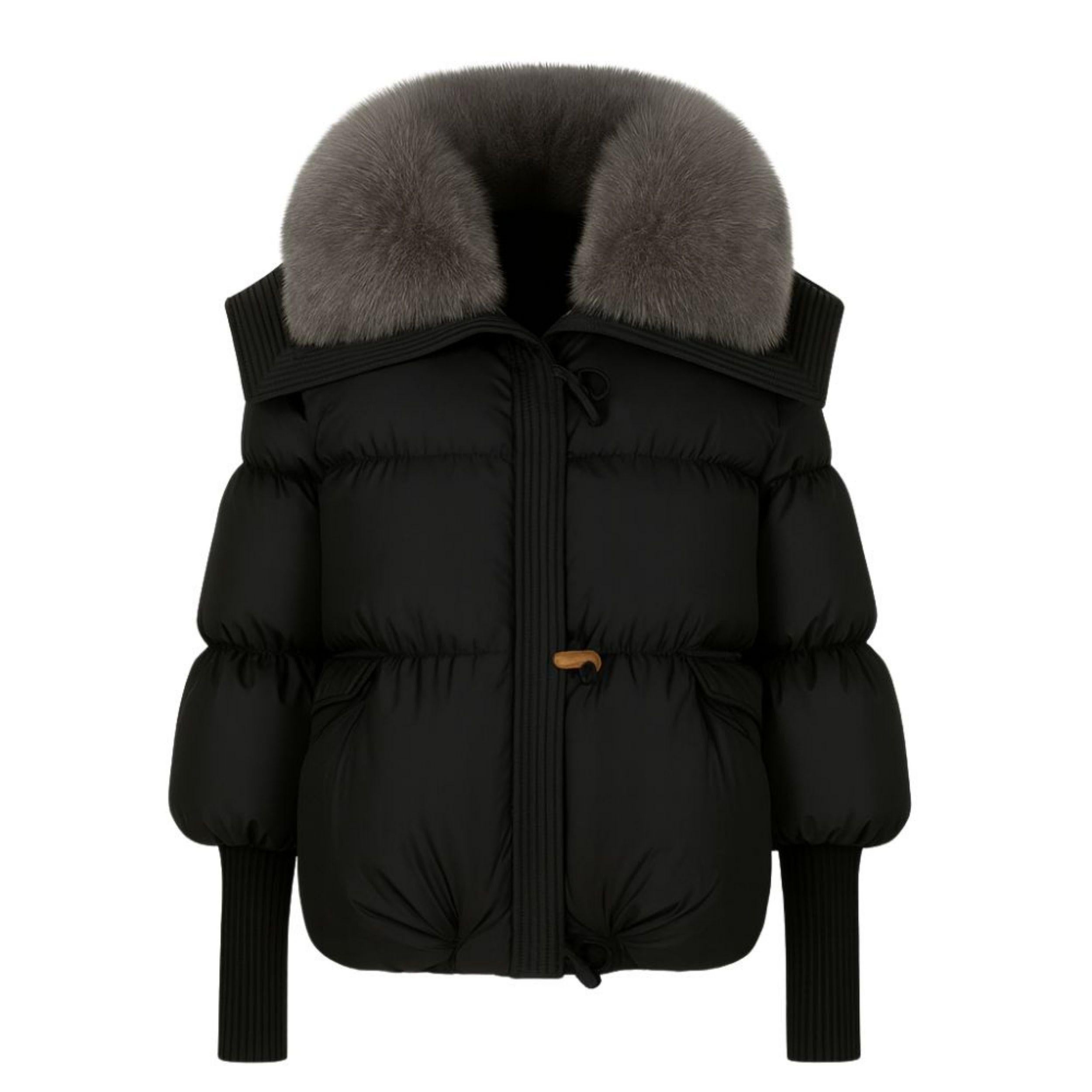 Black kouvr puffer jacket with fur collar worn by a model on a white background