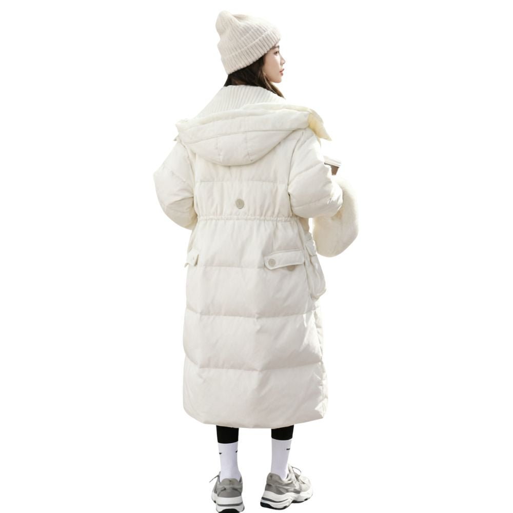 Model wearing the women's long black hooded down puffer coat