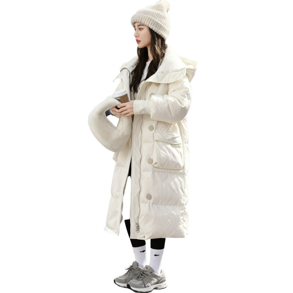 Model wearing the women's long black hooded down puffer coat