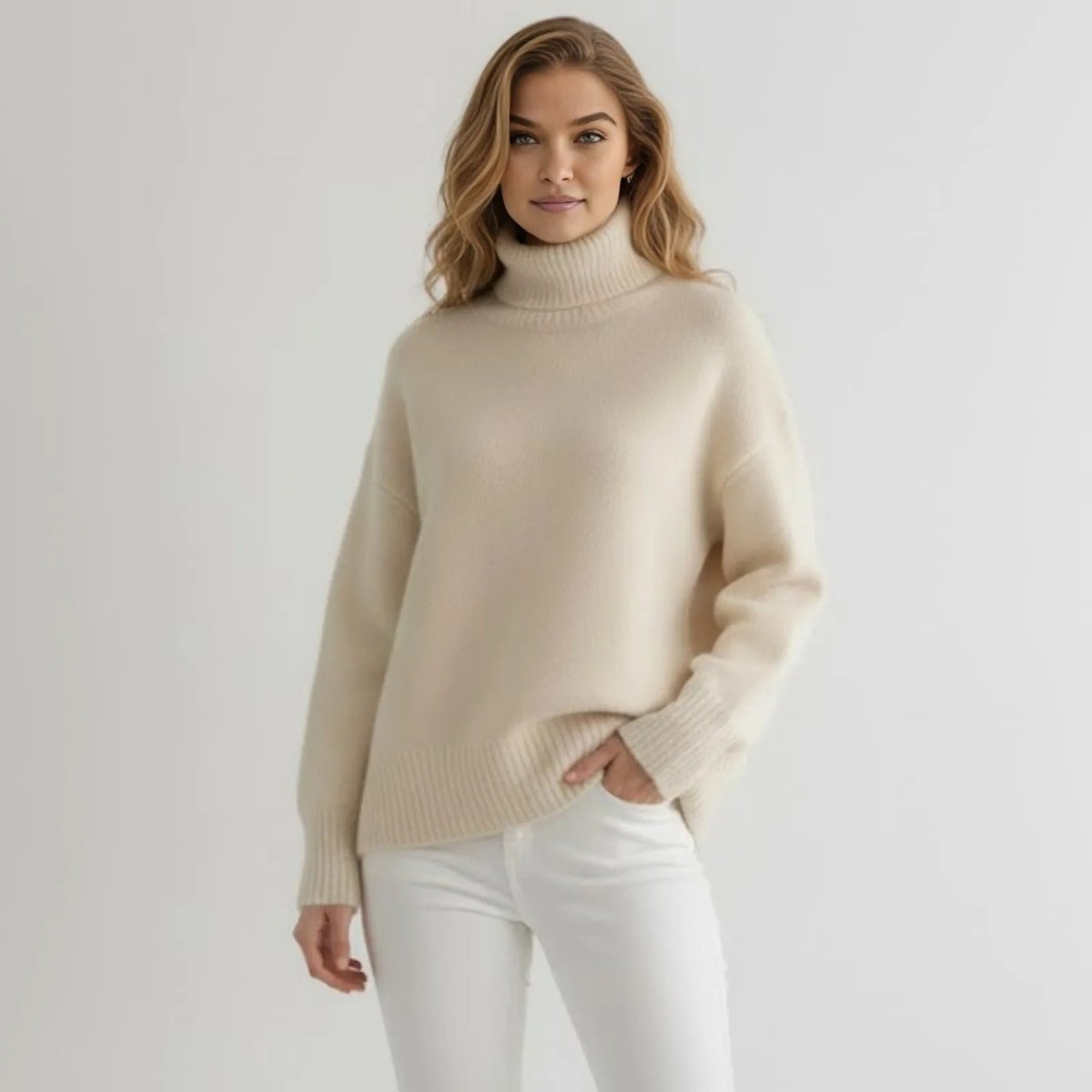 Model wearing Kouvr's women's oversized cashmere turtleneck sweater in beige, paired with white jeans.