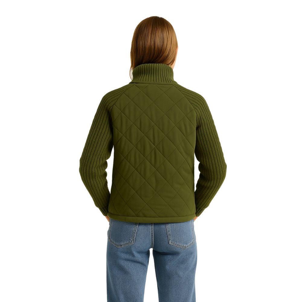 Back view of a woman wearing the Kouvr Mika quilted hybrid jacket in army green.
