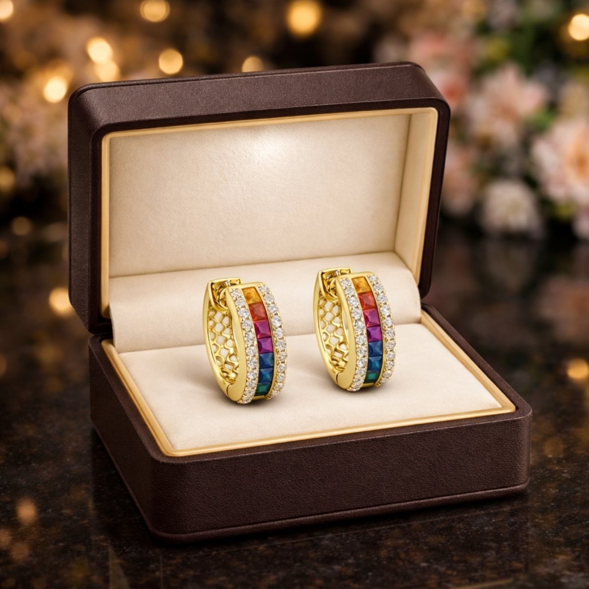 The Kouvr Yasmina rainbow gemstone hoop earrings presented in an open, luxurious brown leatherette jewelry box with a cream interior, perfect for gifting.

