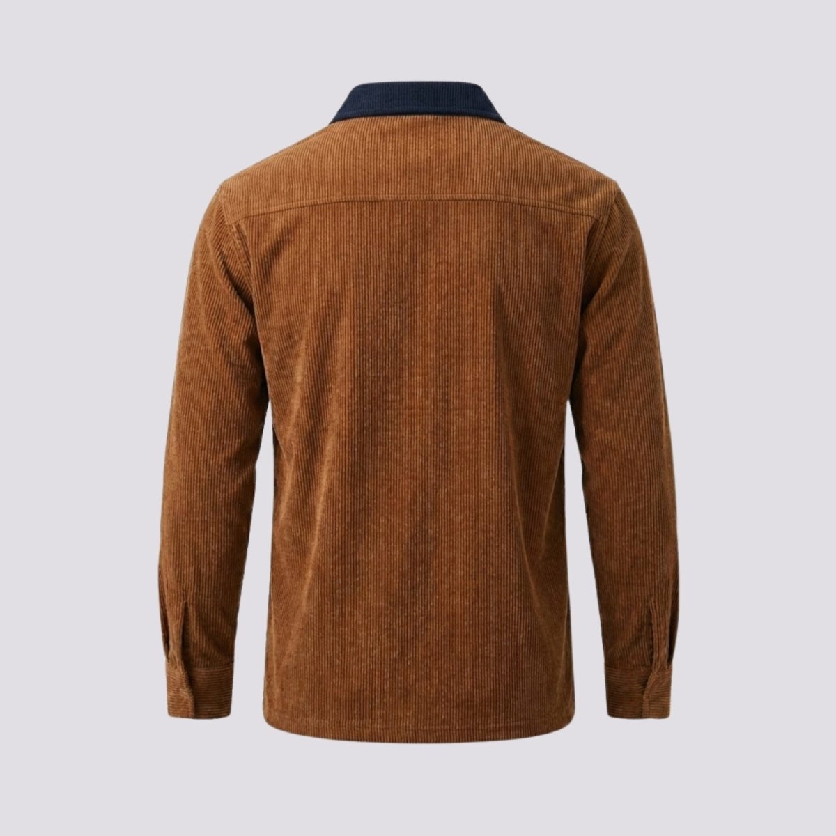 Back product shot of the Zain long sleeve corduroy polo, showing the clean construction and rear view of the navy collar.