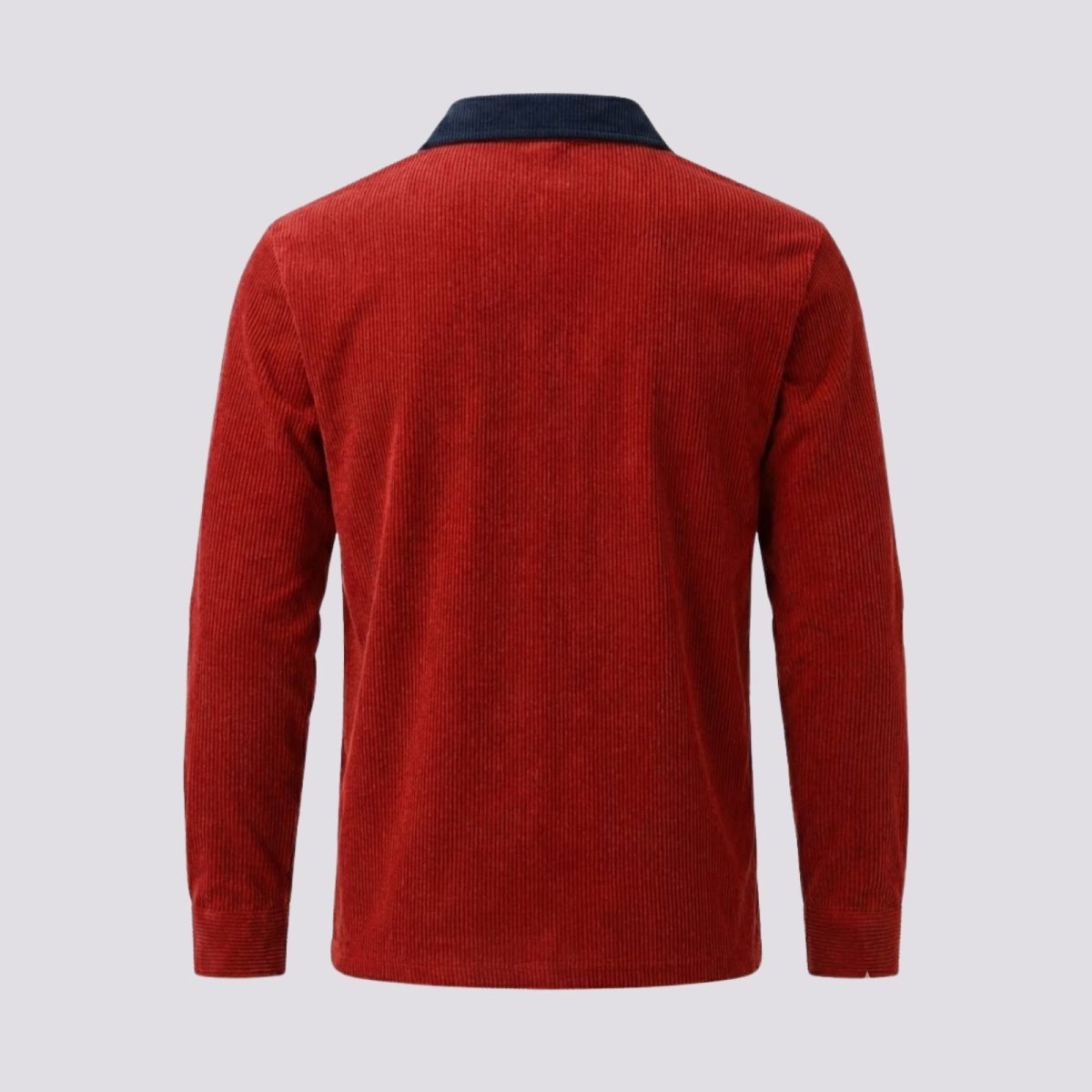 Back view of the Kouvr Zian  men's red corduroy polo shirt, showing the solid rust body and contrasting navy collar.