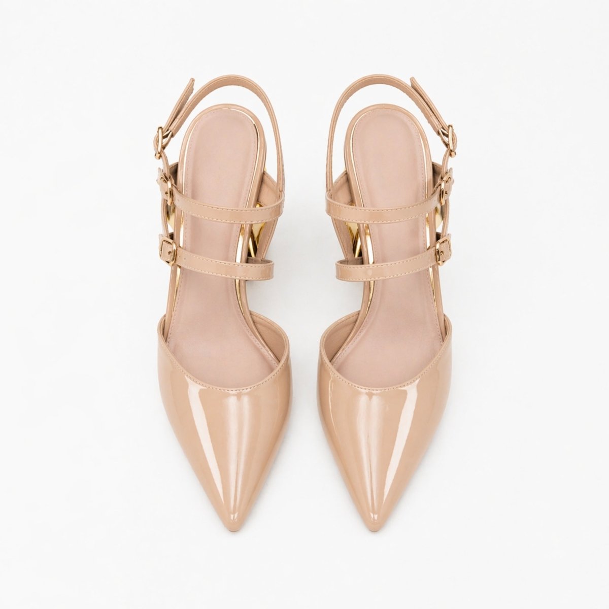 A pair of Kouvr Zuleika  women's luxury pumps in glossy nude patent leather with a contrasting gold sculptural interlocking chain heel and matching ankle straps.