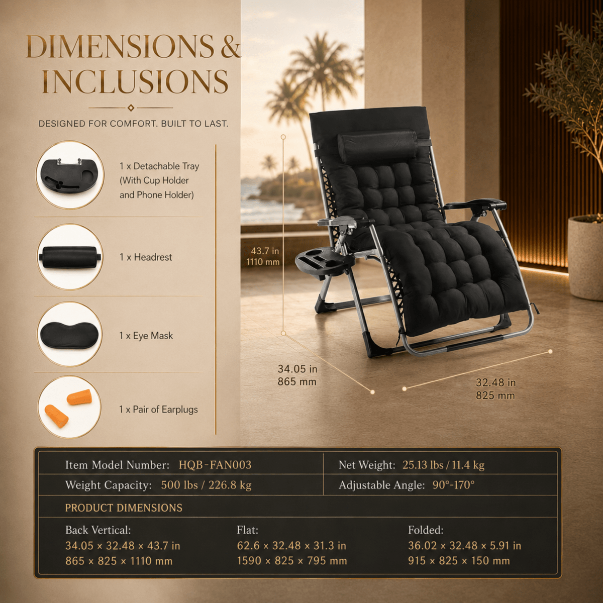 A promotional dimension and inclusion graphic for a black reclining lounge chair. The image shows the chair on a warm beige indoor set with palm trees in the background, overlaid with measurements for height, width, and folded depth, plus callout circles listing included accessories such as a detachable tray, headrest, eye mask, and earplugs.