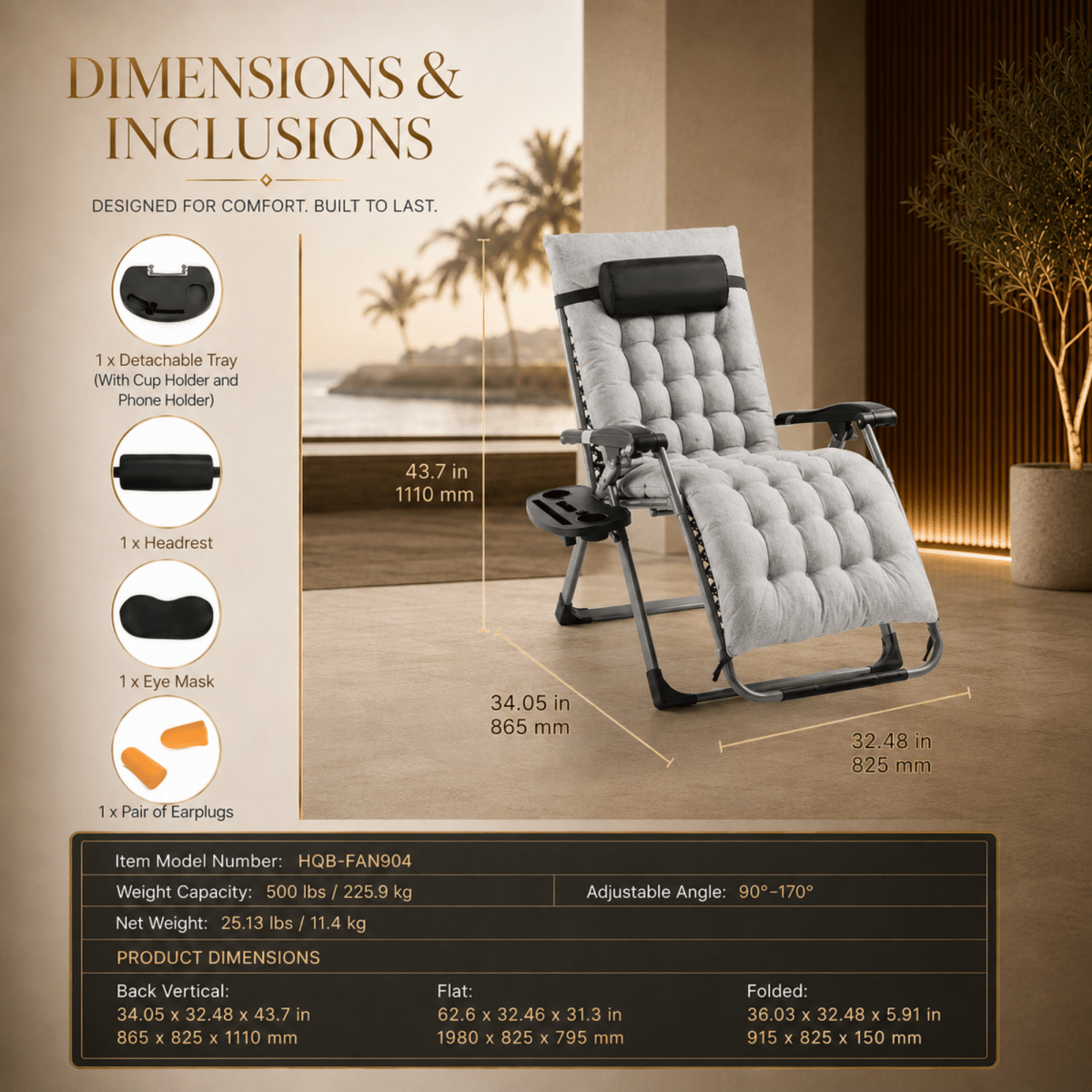 A promotional dimension and inclusion chart for a reclining lounge chair. The image shows the chair in a furnished indoor setting with palm trees and warm lighting, plus callout lines measuring the chair dimensions.