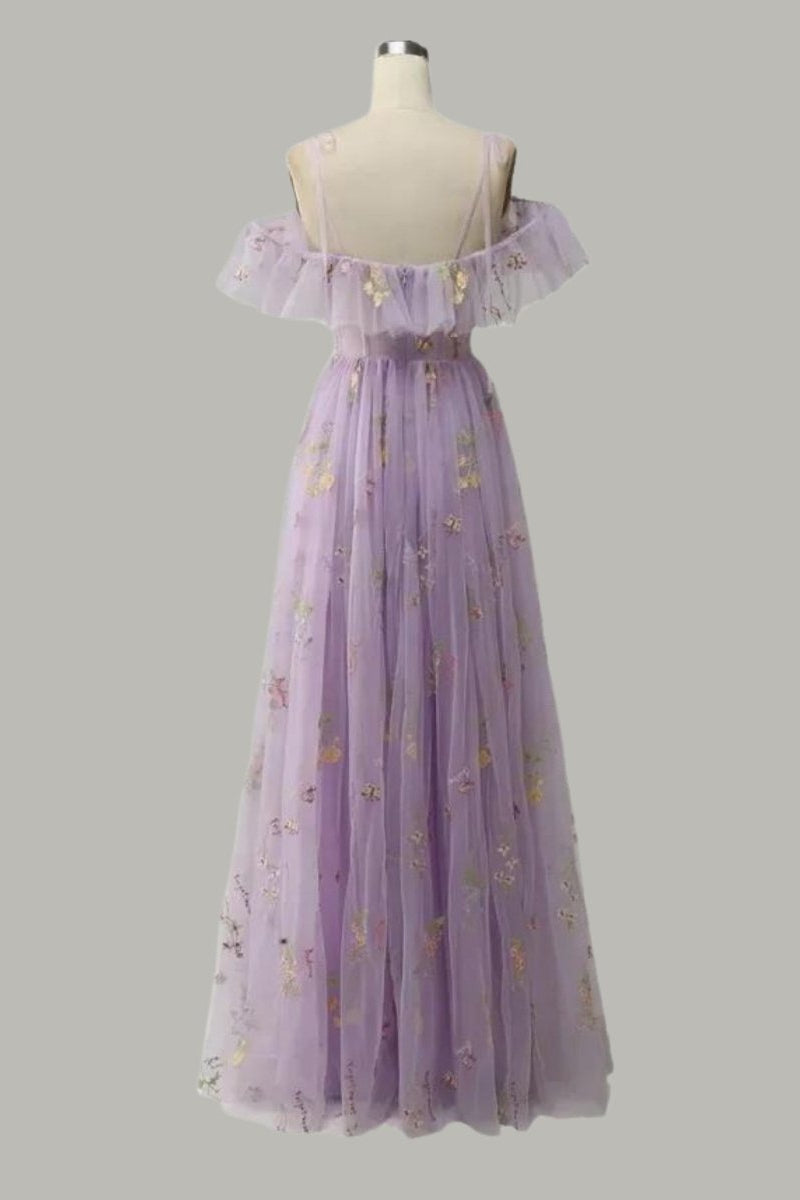 Back mannequin view of the Fenlo Form off-shoulder floral embroidered prom gown in lightweight light purple tulle fabric.