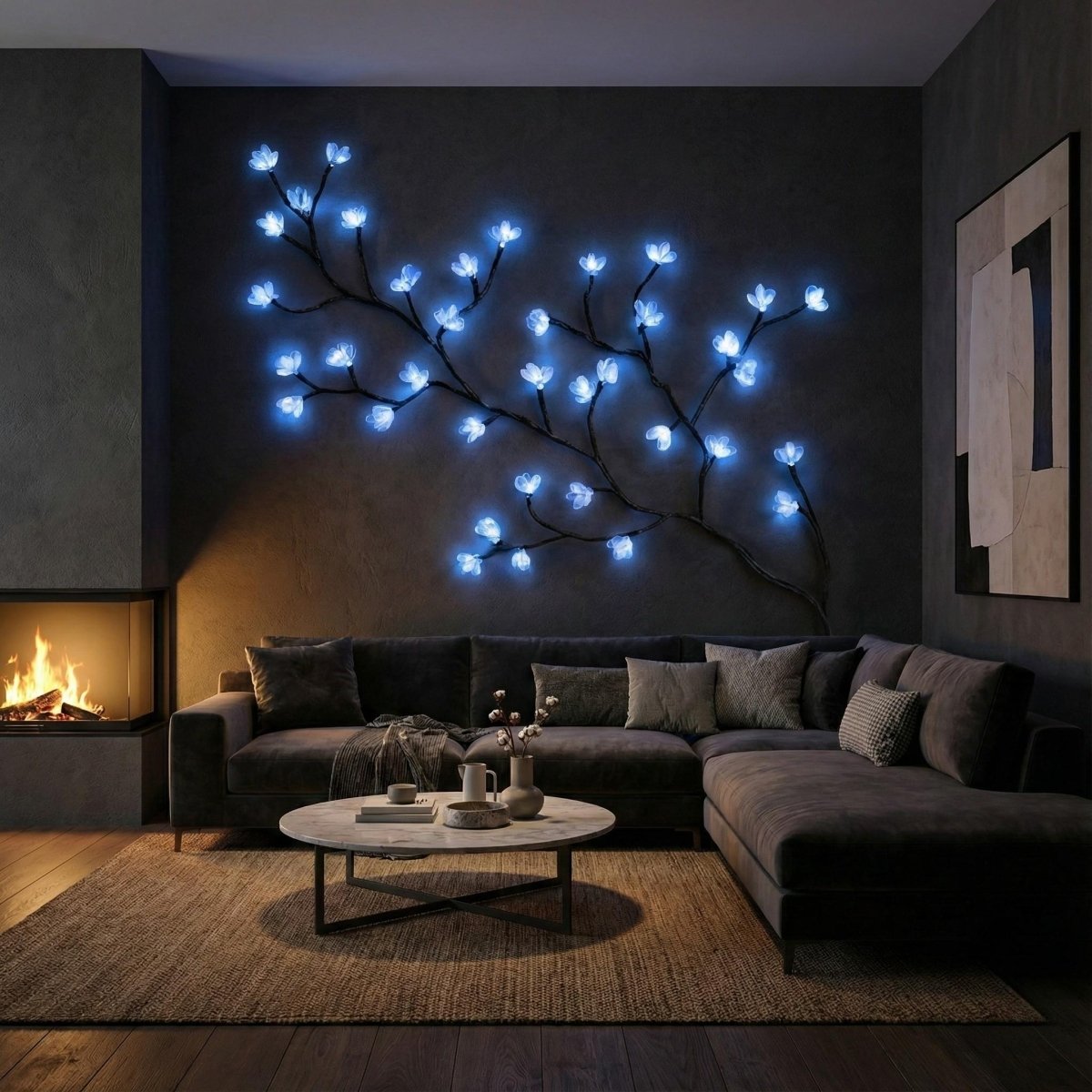 The lavender lighted blossom branch wall art casting a serene blue glow on a dark accent wall above a modern grey sectional sofa and fireplace.