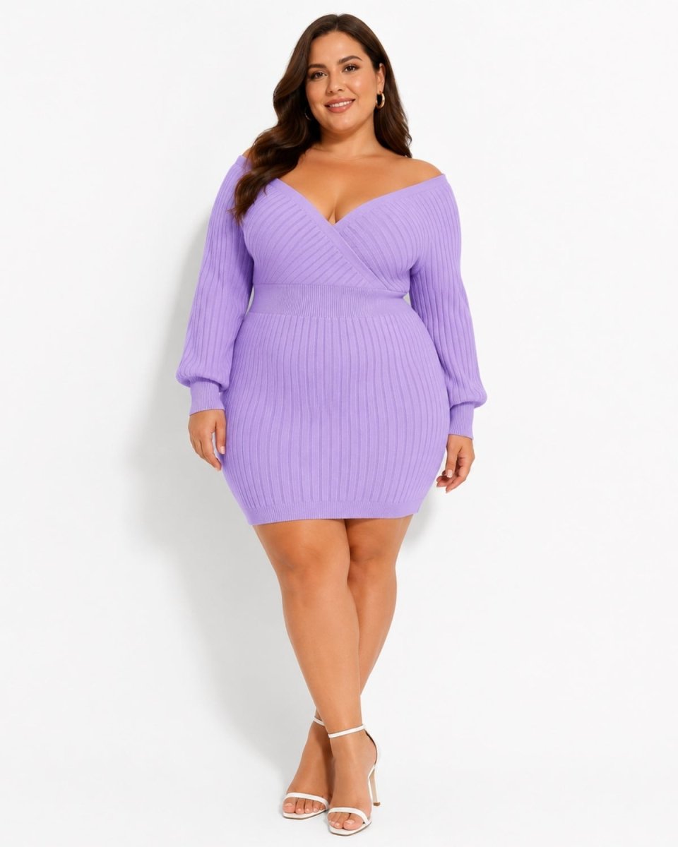 A woman modeling a light purple ribbed knit off-the-shoulder wrap mini dress with long sleeves, paired with white high-heeled sandals, against a plain white studio background.