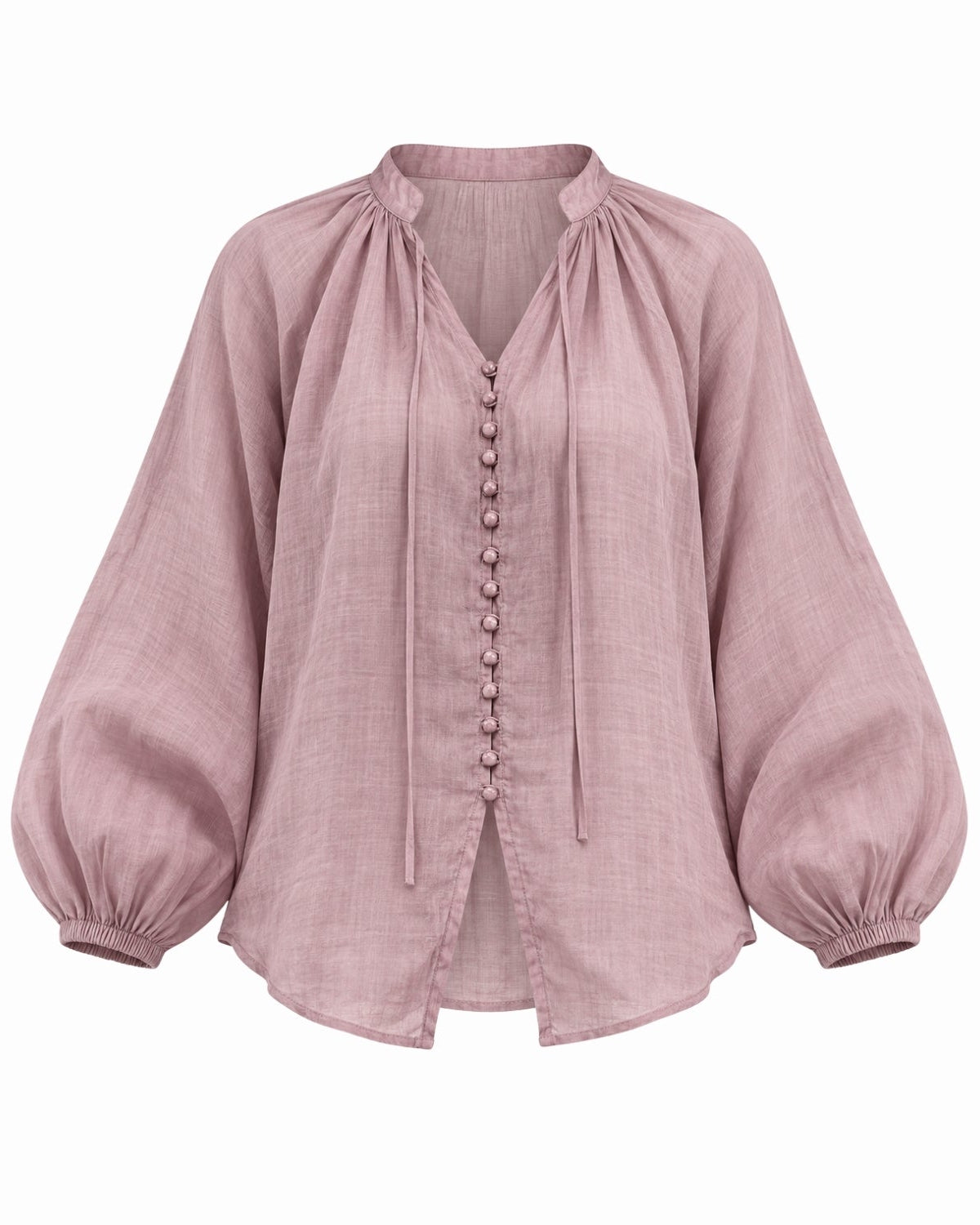 A lavender linen blouse with a gathered high neck, front button closure, and voluminous balloon sleeves, shown against a plain white background.