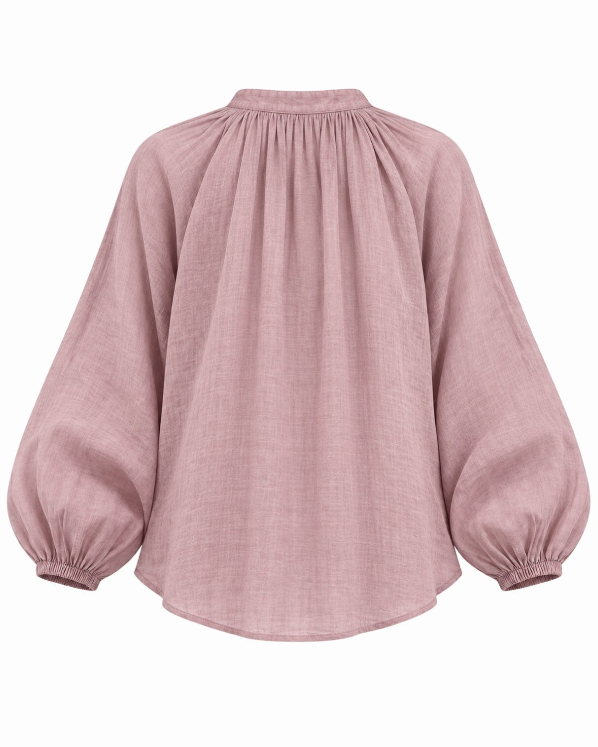 A lavender linen blouse with a high gathered neckline, voluminous balloon sleeves, and elastic cuffs, shown from the back on a white background.