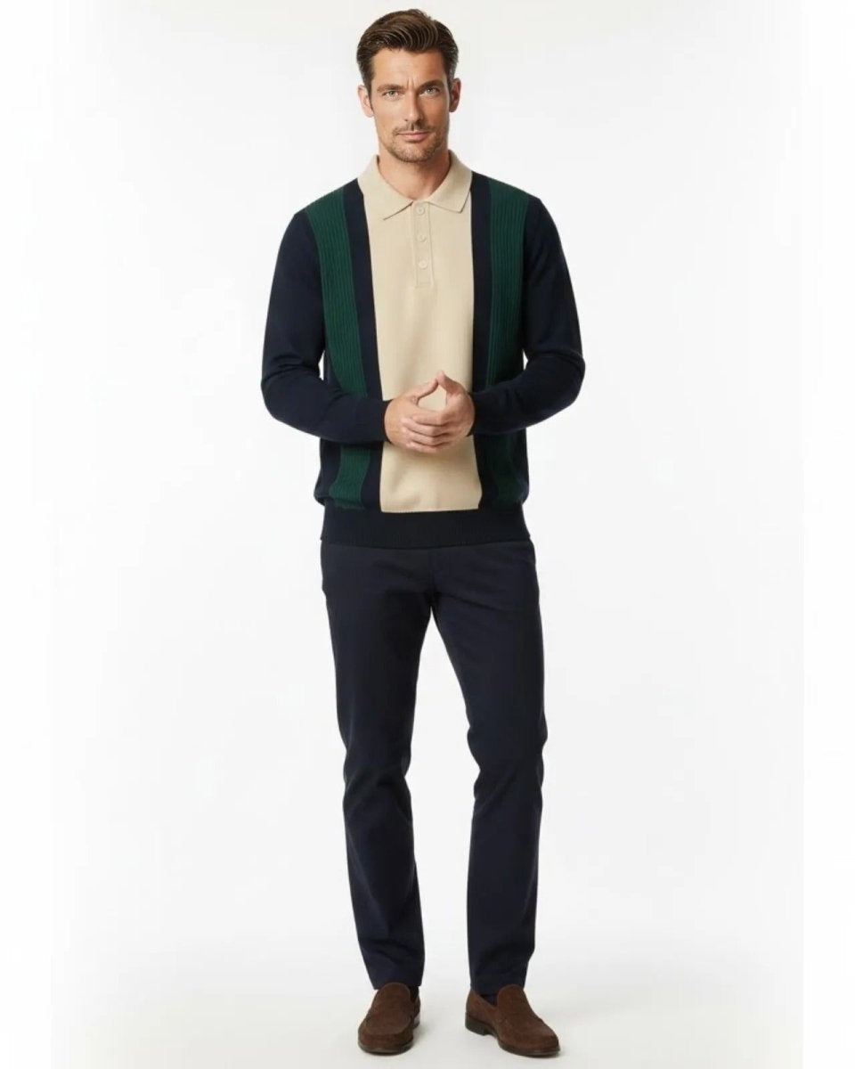 Model wearing the Leandro men's long sleeve knit polo sweater in navy, green, and cream colorblock.