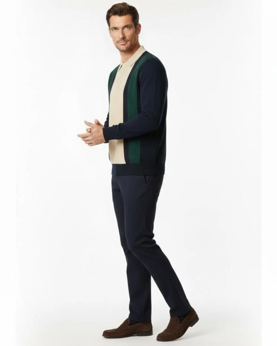 Side view of a man wearing the Leandro retro-style polo sweater, showing the fit and sleeve detail.