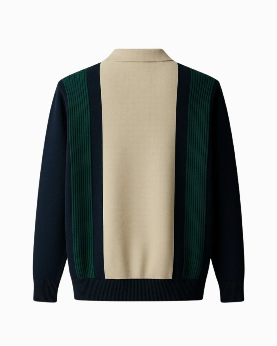 Flat lay of the back of the Leandro men's knit polo, showing the full navy, green, and cream pattern.