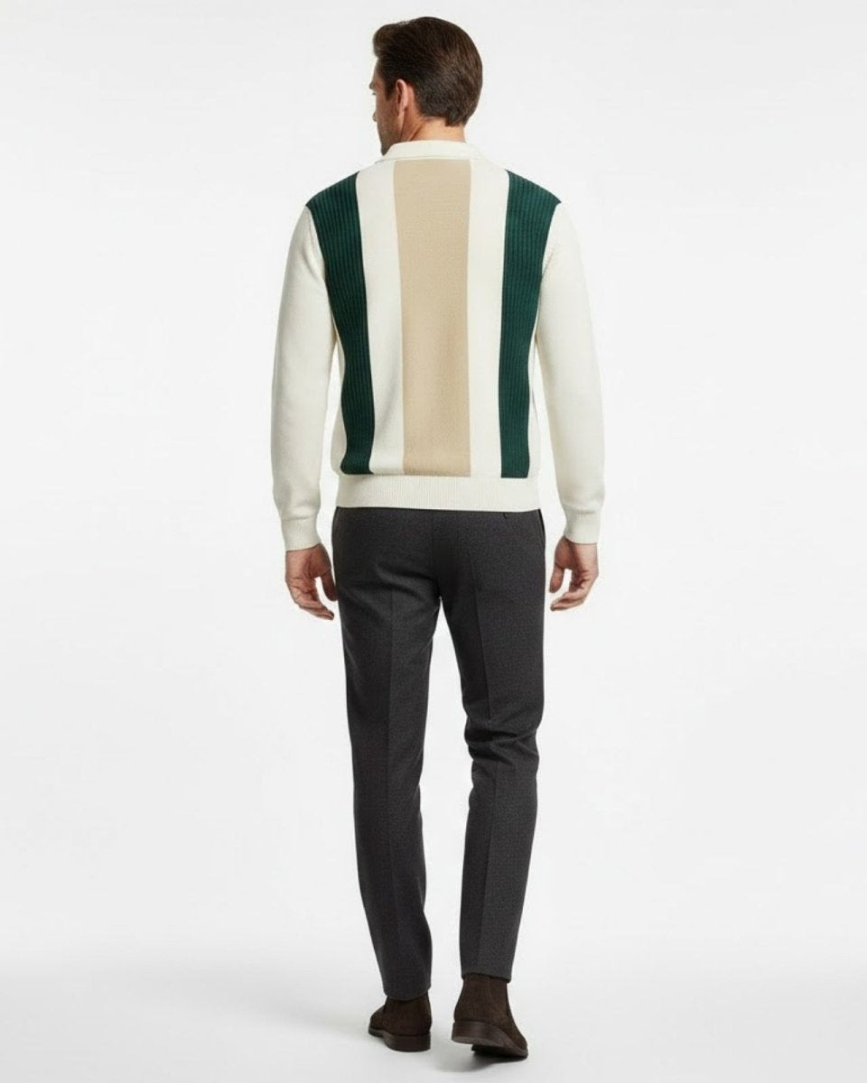 Back view of the Leandro white, green, and beige striped polo sweater, displaying the continuous stripe pattern.
