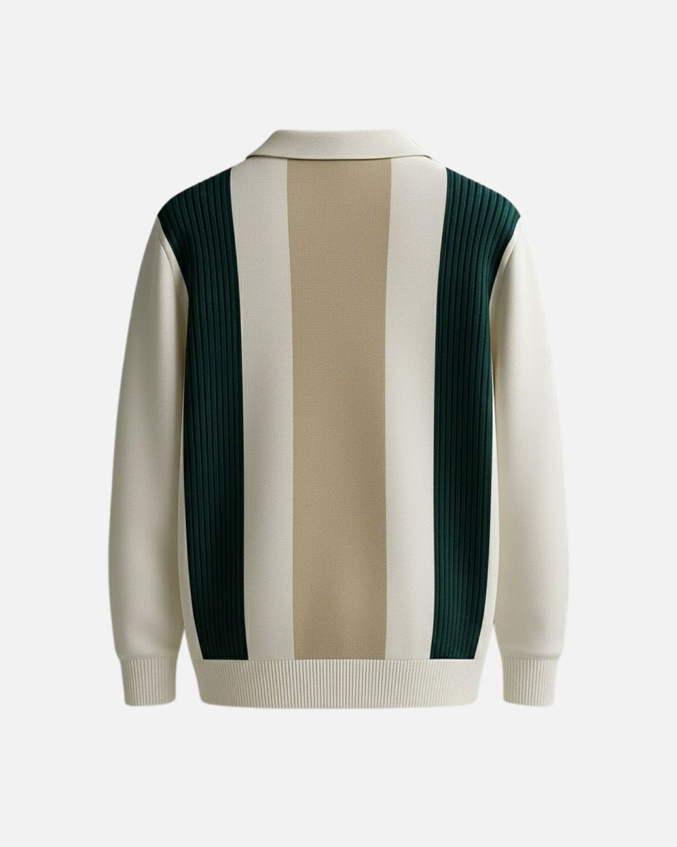 Flatlay of the back of the  Leandro white, green, and beige striped knit polo, showing the full design details.